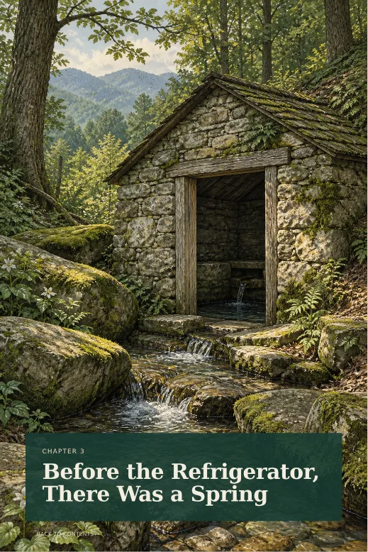 Appalachian Secrets page showing a springhouse in a wooded landscape and the opening of chapter three